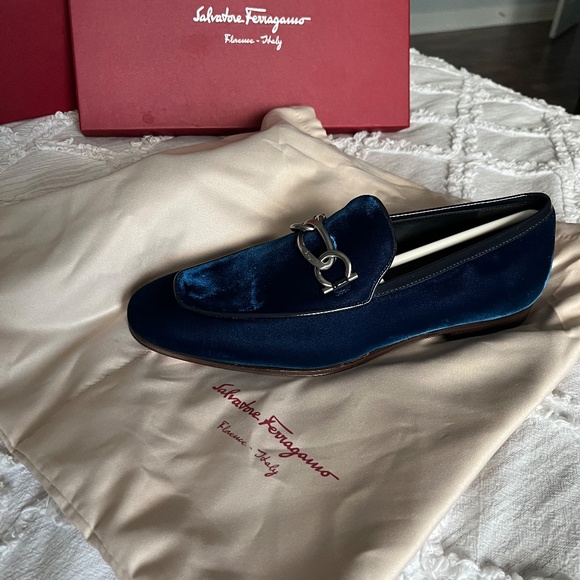 Salvatore Ferragamo Blue Velvet Silver Detailing Loafers main image 7